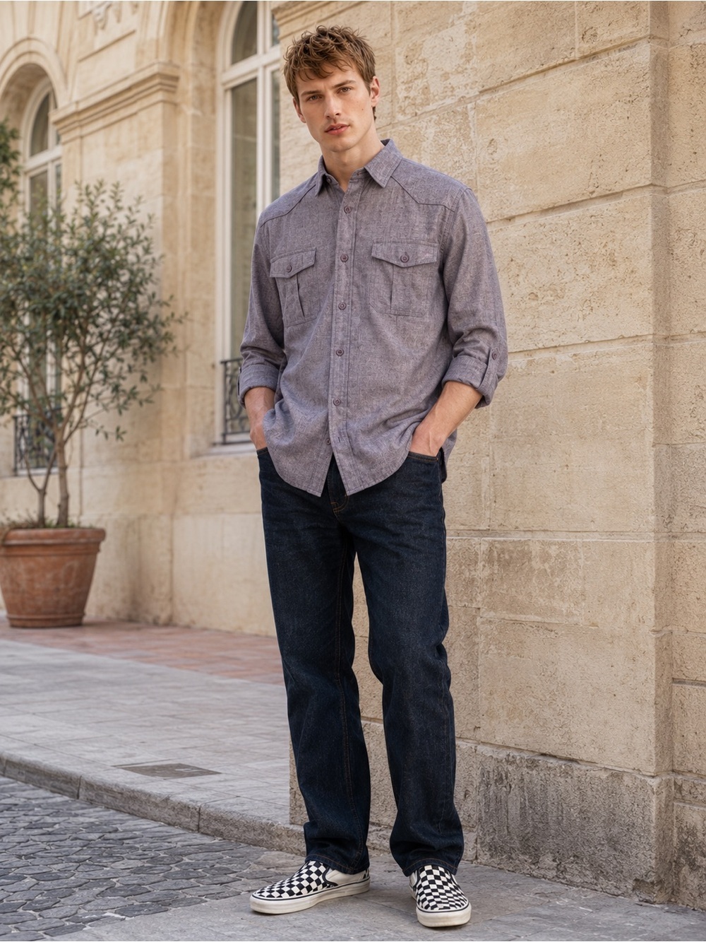 Fried Denim Slim Fit Button Down Shirt Jacket in Gray Chambray, Size L